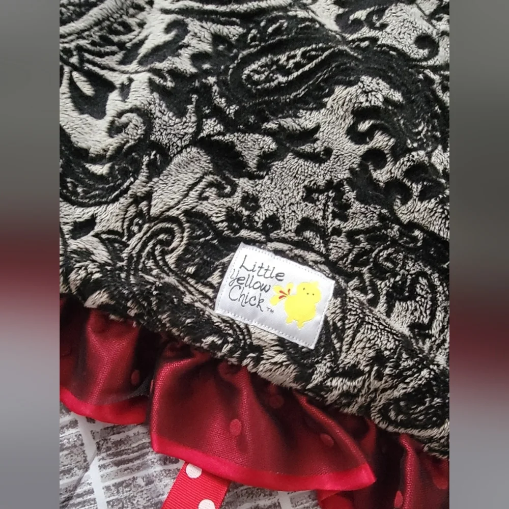 Little Yellow Chick Baby Lap Blanket Black And Red Paisley Satin Ruffle 24 X 24